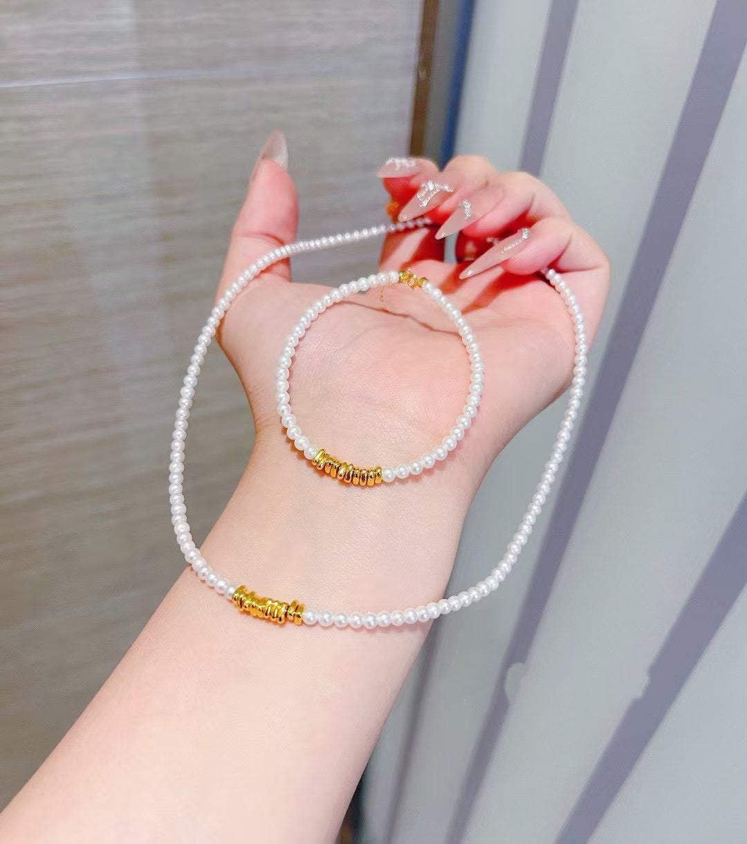 999足金碎碎金搭配3-3.5m高品質小米珍珠手鏈