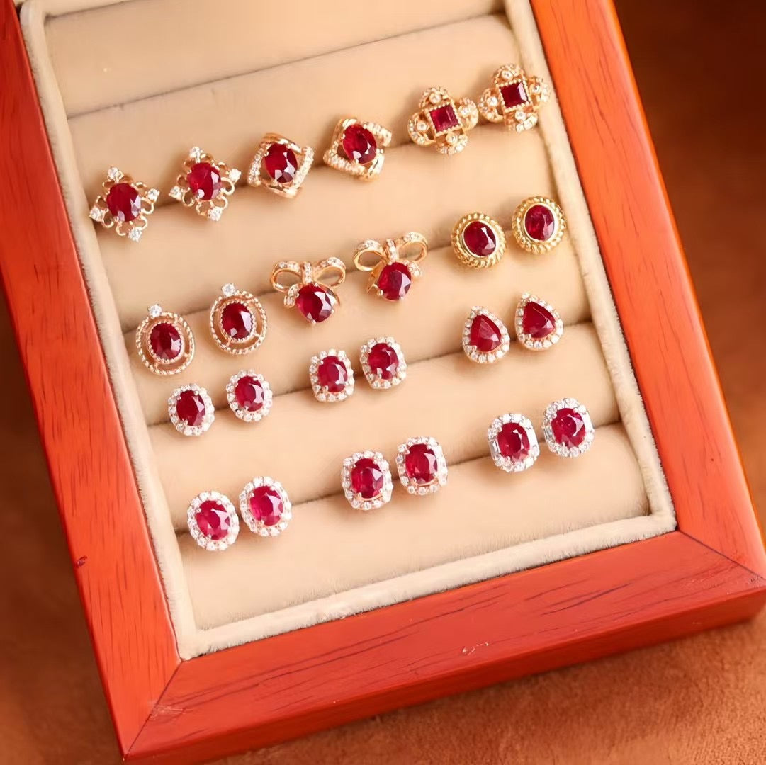 18K金鴿血紅寶石鑽石耳釘