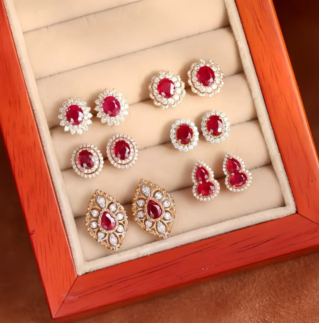 18K金鴿血紅寶石鑽石耳釘